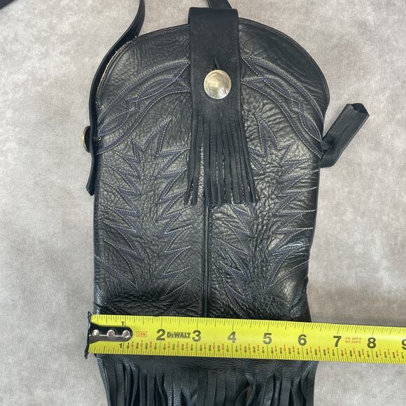 Vtg Black Leather Western Boot Fringe Crossbody Purse Indian Coin Blue Stitching - Picture 12 of 12